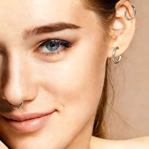 8Pcs 18G Silver Nose Rings Hoops Set for Women Men: Hypoallergenic 316L Surgical Stainless Steel Nose Hoops Hinged Clicker Septum Rings for Nose Cartilage Body Piercing Jewelry 6mm 7mm 8mm 9mm in Saudi Arabia