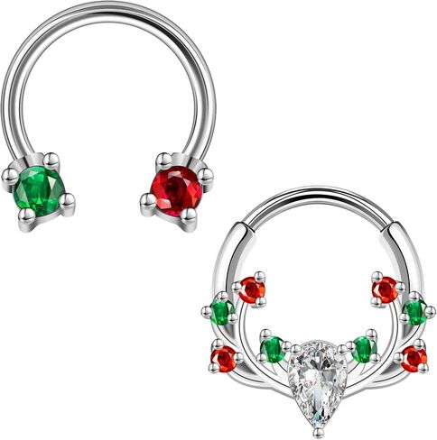 ZS 2PCS عيد الميلاد حدوة الحصان الأنف الدائري حلقات الحاجز، 16G الفولاذ المقاوم للصدأ يتوقف الجزء حلقة الغضروف القرط هوب أشجار عيد الميلاد الحلوى Daith الأذن ثقب المجوهرات للنساء الرجال in Saudi Arabia