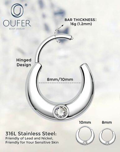 خواتم OUFER Septum Rings 16G لامعة وشفافة من CZ مجوهرات ثقب الحاجز، 316L من الفولاذ الجراحي Daith Piercing Jewelry، Daith Helix Cartilage Rook Ears للنساء in Kuwait