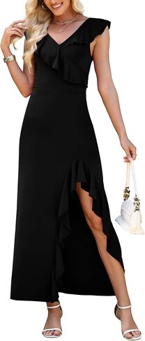 WEACZZY Women V Neck Sleeveless Casual Maxi Dress Petal Wrap Ruffle Backless High Slit Cocktail Party Long Dresses in Saudi Arabia