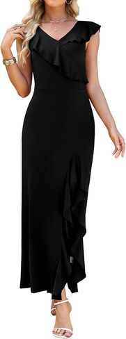 WEACZZY Women V Neck Sleeveless Casual Maxi Dress Petal Wrap Ruffle Backless High Slit Cocktail Party Long Dresses in Saudi Arabia