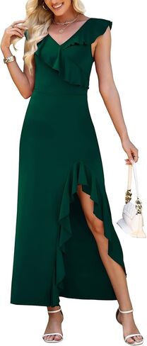 WEACZZY Women V Neck Sleeveless Casual Maxi Dress Petal Wrap Ruffle Backless High Slit Cocktail Party Long Dresses in Saudi Arabia