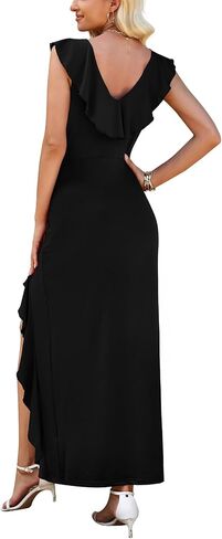 WEACZZY Women V Neck Sleeveless Casual Maxi Dress Petal Wrap Ruffle Backless High Slit Cocktail Party Long Dresses in Saudi Arabia