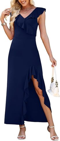 WEACZZY Women V Neck Sleeveless Casual Maxi Dress Petal Wrap Ruffle Backless High Slit Cocktail Party Long Dresses in Saudi Arabia