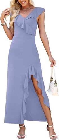 WEACZZY Women V Neck Sleeveless Casual Maxi Dress Petal Wrap Ruffle Backless High Slit Cocktail Party Long Dresses in Saudi Arabia
