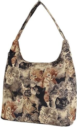 Vistkart Cat Print Shoulder Bag – Lightweight Fabric Handbag with Wide Strap, Casual Tapestry Hobo Slouch Purse for Women, Fashion Tote in Cat Design (Brown) | Bag in Saudi Arabia