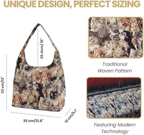 Vistkart Cat Print Shoulder Bag – Lightweight Fabric Handbag with Wide Strap, Casual Tapestry Hobo Slouch Purse for Women, Fashion Tote in Cat Design (Brown) | Bag in Saudi Arabia