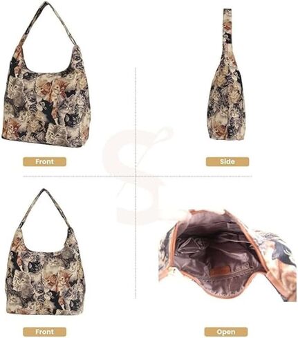 Vistkart Cat Print Shoulder Bag – Lightweight Fabric Handbag with Wide Strap, Casual Tapestry Hobo Slouch Purse for Women, Fashion Tote in Cat Design (Brown) | Bag in Saudi Arabia