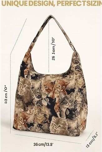 Vistkart Cat Print Shoulder Bag – Lightweight Fabric Handbag with Wide Strap, Casual Tapestry Hobo Slouch Purse for Women, Fashion Tote in Cat Design (Brown) | Bag in Saudi Arabia