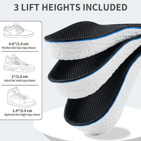 Height Increase Insoles for Men and Women,Arch Support & Anti-Slip, Height Boosters & Shoe Lifts with Shock Absorption(3 Pairs - 1.5cm 2.5cm 3.5cm)(Black) in Saudi Arabia