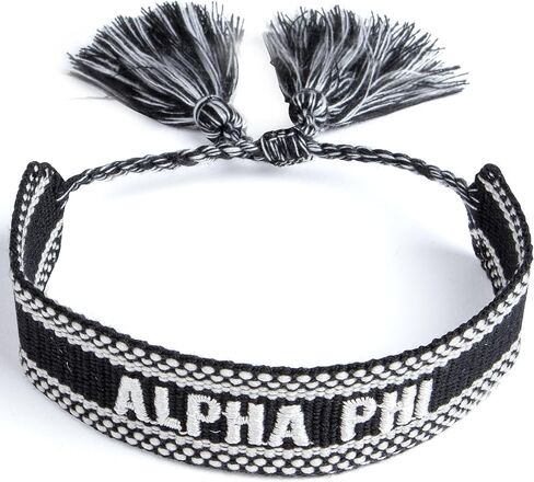 متجر نادي نسائي سوار Alpha Phi - سوار منسوج، تصميم باللونين الأبيض والأسود مع اسم وشرابات نادي نسائي AP، مجوهرات نادي نسائي يوناني وهدايا نادي نسائي صغير كبير in Saudi Arabia