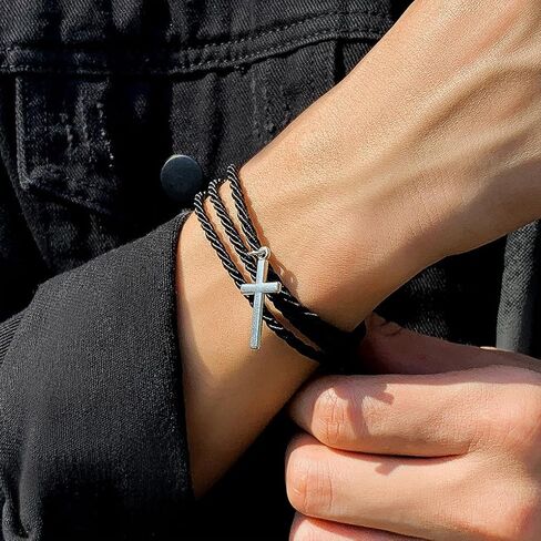 Layered Braided Rope Cross Bracelet for Women Men Adjustable Silver Lucky Cross Bangle Handmade Black String Bracelet Baptism Jewelry Accessories in Saudi Arabia