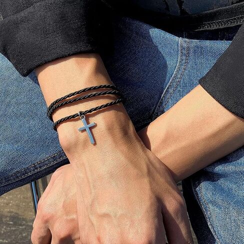 Layered Braided Rope Cross Bracelet for Women Men Adjustable Silver Lucky Cross Bangle Handmade Black String Bracelet Baptism Jewelry Accessories in Saudi Arabia