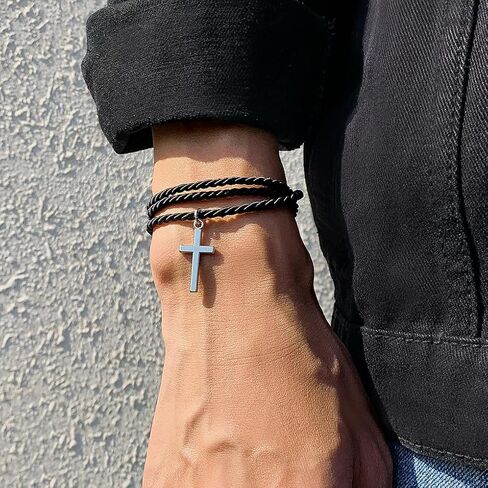 Layered Braided Rope Cross Bracelet for Women Men Adjustable Silver Lucky Cross Bangle Handmade Black String Bracelet Baptism Jewelry Accessories in Saudi Arabia