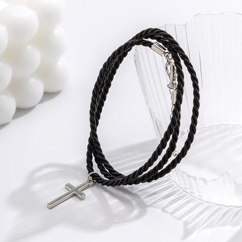 Layered Braided Rope Cross Bracelet for Women Men Adjustable Silver Lucky Cross Bangle Handmade Black String Bracelet Baptism Jewelry Accessories in Saudi Arabia