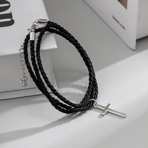Layered Braided Rope Cross Bracelet for Women Men Adjustable Silver Lucky Cross Bangle Handmade Black String Bracelet Baptism Jewelry Accessories in Saudi Arabia