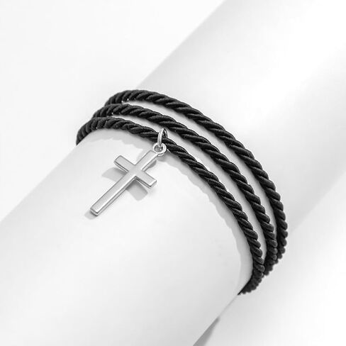 Layered Braided Rope Cross Bracelet for Women Men Adjustable Silver Lucky Cross Bangle Handmade Black String Bracelet Baptism Jewelry Accessories in Saudi Arabia