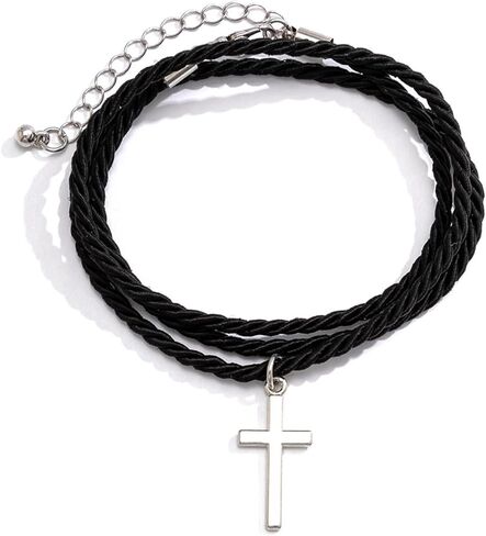 Layered Braided Rope Cross Bracelet for Women Men Adjustable Silver Lucky Cross Bangle Handmade Black String Bracelet Baptism Jewelry Accessories in Saudi Arabia