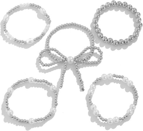 COLORFUL BLING Bow Bowknot Faux Pearl Beaded Ball Stretch Bracelet for Women Friend Jewelry Gift Adjustable Stackable Bracelet-B bow silver in Saudi Arabia