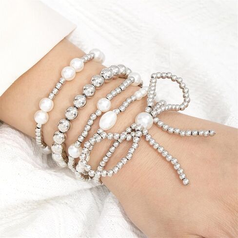 COLORFUL BLING Bow Bowknot Faux Pearl Beaded Ball Stretch Bracelet for Women Friend Jewelry Gift Adjustable Stackable Bracelet-B bow silver in Saudi Arabia