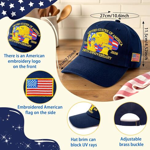 250 Anniversary USA Hat, Fully Embroidered, Unisex Style | Cotton Commemorative Cap, 250th Anniversary Edition，Navy Blue in Saudi Arabia