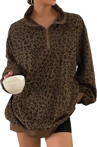 SHENHE Women's Plus Size Cheetah Leopard Print Quarter Zip Pullover Oversized Fall Sweatshirt in Saudi Arabia