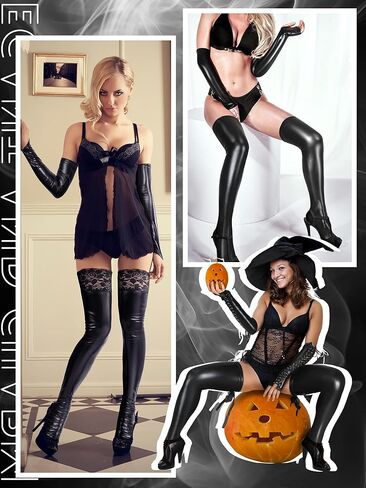 6 Pcs Women's Wet Look Costume Set Shiny Fingerless Long Gloves Thigh High Stockings for Halloween Cosplay in Saudi Arabia