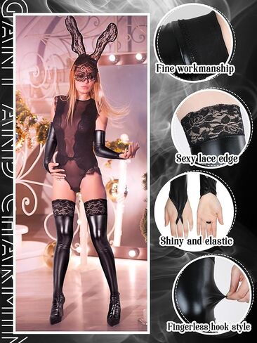 6 Pcs Women's Wet Look Costume Set Shiny Fingerless Long Gloves Thigh High Stockings for Halloween Cosplay in Saudi Arabia