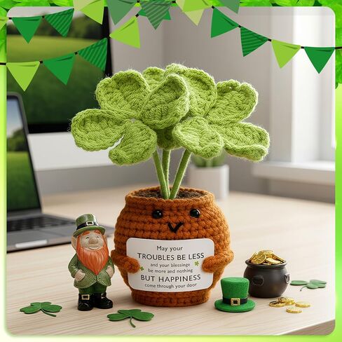 Realspring St. Patrick's Day Gifts Crochet Irish Blessing Gifts Green Handmade Crochet Shamrock Ornaments St. Patrick's Day Decor for Home Office Desk Table Shelf(Blessings) in Saudi Arabia