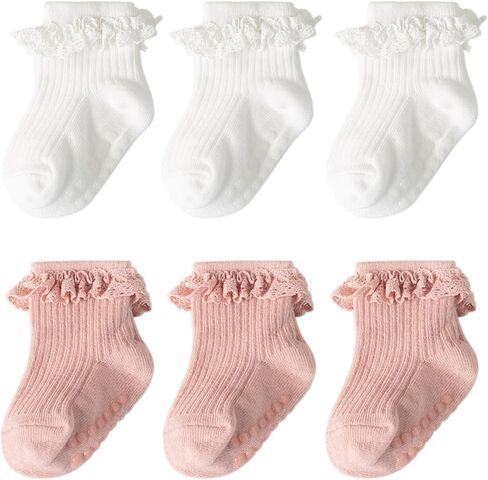 DRESHOW BQUBO Baby Girls Toddler Girls Anti Slip Socks Cute Frilly Ruffle Socks Grip Ankle Baby Socks for Infant Toddler in Kuwait