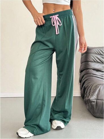 GORGLITTER Women's Plus Size Side Striped Track Pants Drawstring High Waisted Baggy Wide Leg Trousers in Saudi Arabia