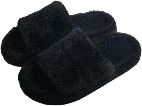 شبشب نسائي مريح من الفرو الصناعي - حذاء منزلي ناعم مفتوح عند الأصابع مع نعل غير قابل للانزلاق، مثالي لغرفة النوم وغرفة المعيشة in Kuwait