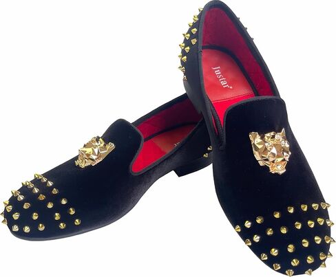 Justar Men's Spikes Dress Shoes Black Velvet Loafers with Gold Buckle Slip-On Slippers Flats in Saudi Arabia