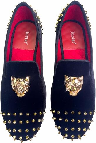 Justar Men's Spikes Dress Shoes Black Velvet Loafers with Gold Buckle Slip-On Slippers Flats in Saudi Arabia