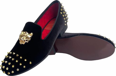 Justar Men's Spikes Dress Shoes Black Velvet Loafers with Gold Buckle Slip-On Slippers Flats in Saudi Arabia