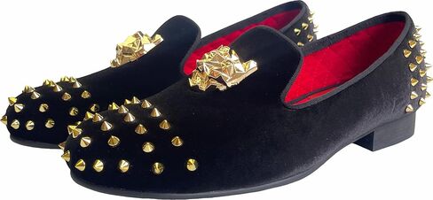 Justar Men's Spikes Dress Shoes Black Velvet Loafers with Gold Buckle Slip-On Slippers Flats in Saudi Arabia