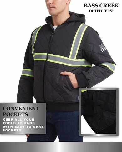 Bass Creek Outfitters Mens High Visibility Jacket - Quilted Hi Vis Bomber Safety Work Jackets for Men with Fleece Hood in Saudi Arabia
