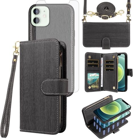 Asuwish Phone Case for iPhone 12 Pro iPhone12 6.1 Zipper Wallet Cover Detachable Cover with Glass Glass Screen Protector Crossbody Lanyard حامل بطاقة iPhone12Pro 5G I 12S 12PRO ROED RED RED RED in Kuwait