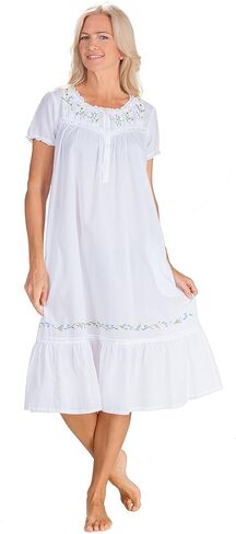 LA CERA Nightgowns - 100% Cotton Short Sleeve Gown in Sunny Flowers (White, Small) in Saudi Arabia
