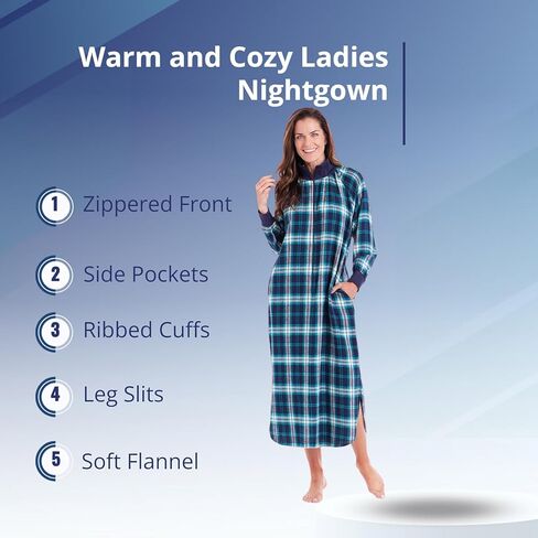 Metropolitan Womens Long Sleeve Flannel Nightgown Zippered Housecoats for Women - Navy, Small in Saudi Arabia
