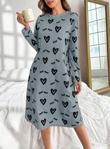 Women’s Heart & Eyelash Print Long Sleeve Nightgown, Fall Cozy And Elegant Details in Saudi Arabia