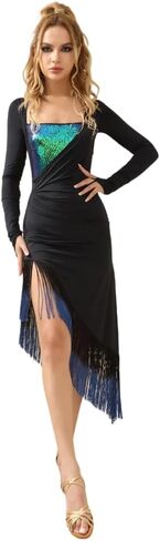 ROYAL SMEELA Women's Latin Dance Dress with Fringe Long Sleeve Mesh Square Neck Cha Performance Wear for Party Black in Saudi Arabia