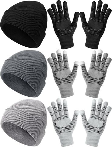 6 Pcs Men Winter Beanie Hat Touchscreen Glove Set Knit Hats Skull Caps Warm Fleece Lined Gloves Gifts in Saudi Arabia