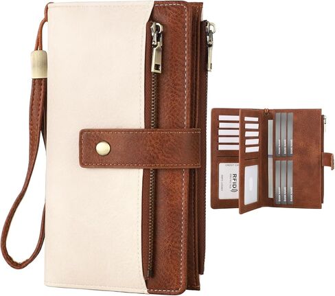 OMISTAR Women's RFID Blocking PU Leather Wallet, Trifold Clutch Purse with Wrist Strap, Multi-Compartment Credit Card Holder with Zipper Pockets for Cash, ID, Coins, Travel Essentials in Saudi Arabia