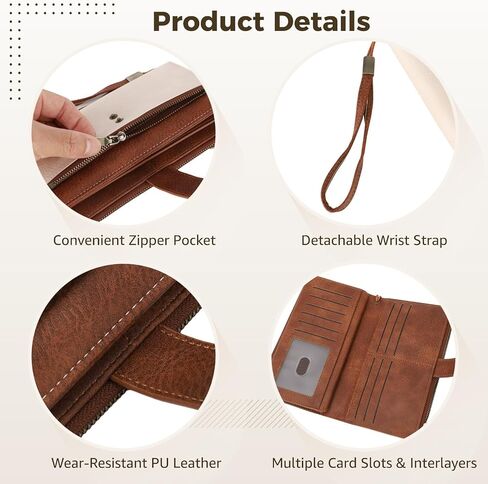 OMISTAR Women's RFID Blocking PU Leather Wallet, Trifold Clutch Purse with Wrist Strap, Multi-Compartment Credit Card Holder with Zipper Pockets for Cash, ID, Coins, Travel Essentials in Saudi Arabia