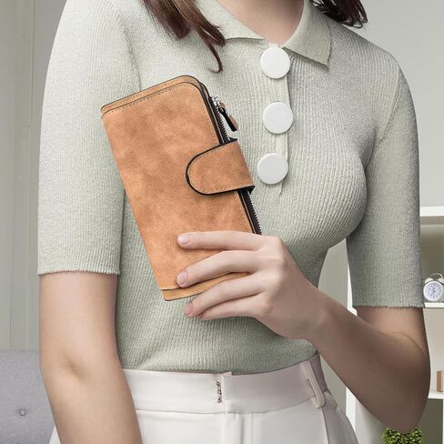 Triple Fold Womens Wallet PU Material Long Wallet with Mental Buckle, Credit Card Wallets 2 Photo Slots, 14 Card Slots, 6 Note Position, 1 Zipper Bag (Brown) in Saudi Arabia