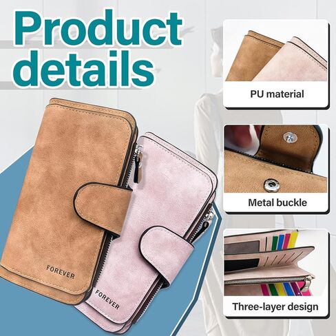 Triple Fold Womens Wallet PU Material Long Wallet with Mental Buckle, Credit Card Wallets 2 Photo Slots, 14 Card Slots, 6 Note Position, 1 Zipper Bag (Brown) in Saudi Arabia