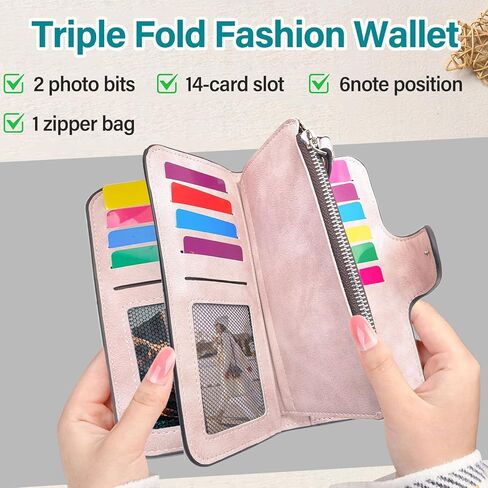 Triple Fold Womens Wallet PU Material Long Wallet with Mental Buckle, Credit Card Wallets 2 Photo Slots, 14 Card Slots, 6 Note Position, 1 Zipper Bag (Brown) in Saudi Arabia