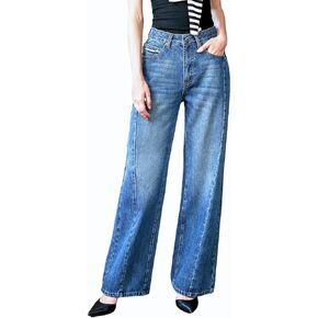 جينز نسائي عالي الخصر قابل للتمدد للتحكم في البطن فضفاض واسع الساق مستقيم الساق من قماش الدنيم عصري 2025 للنساء in Kuwait