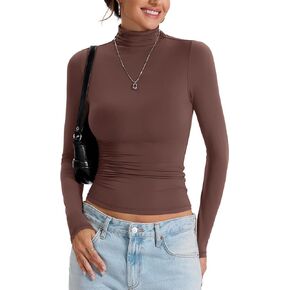 Womens Double Lined Turtleneck T Shirts Back Zipper Long Sleeve Shirts Fitted Basic Undershirts Fall Oufits in Saudi Arabia